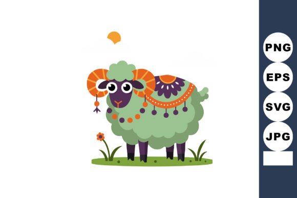 Green Sheep with Decorative Orange and Purple Graphics