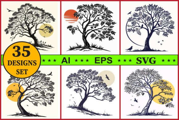 Nature Decorative Tree Silhouette Set Graphics